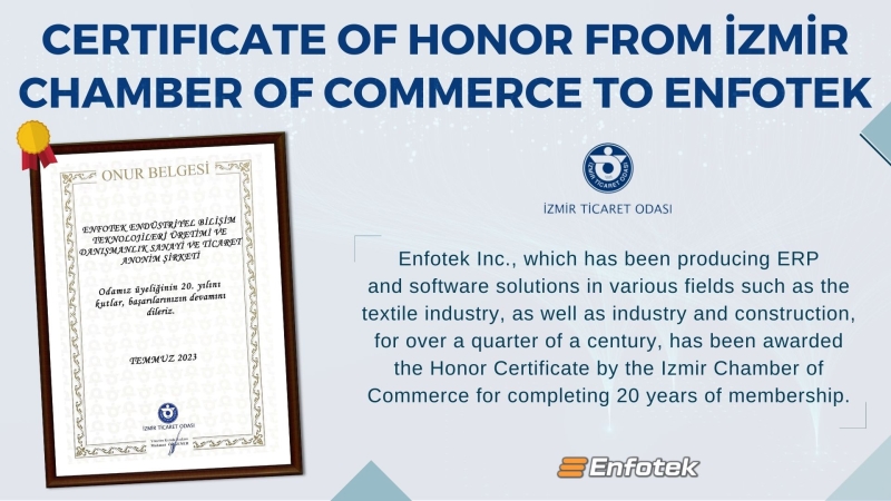 CERTIFICATE OF HONOR FROM İZMİR CHAMBER OF COMMERCE TO ENFOTEK